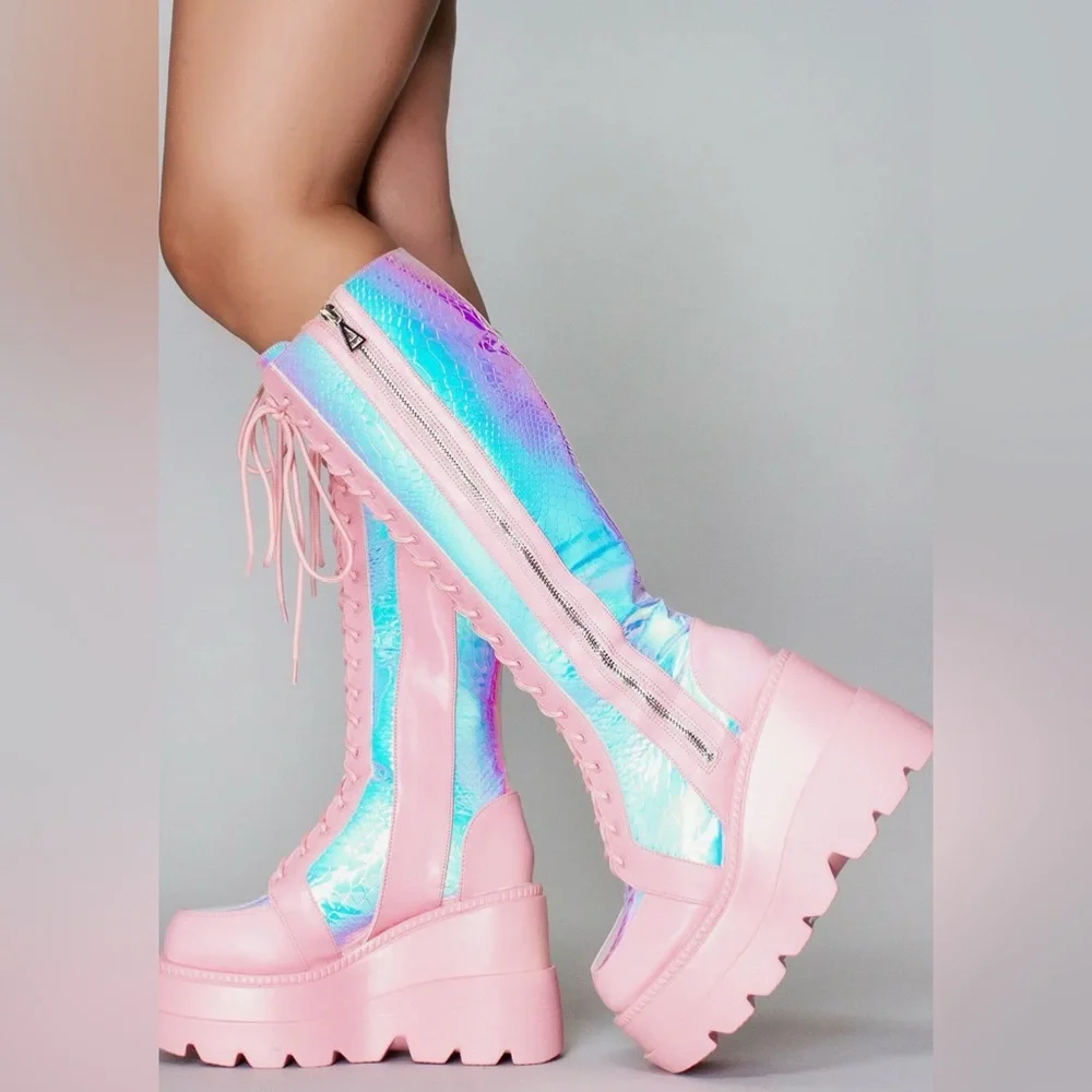 LASR Pink Poison Iridescent Platform Knee-High Lace-Up Platform Boot